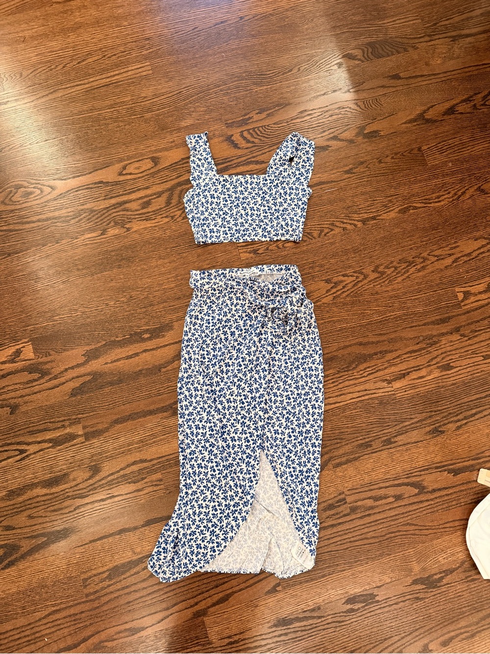 Reformation Blue and White Floral Wrap Midi Skirt and Matching Top XS Set